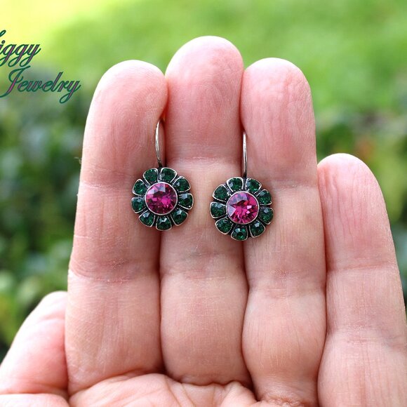 Austrian Crystal Daisy Flower Earrings, Fuchsia Center with Emerald Green Petals - Picture 4 of 5